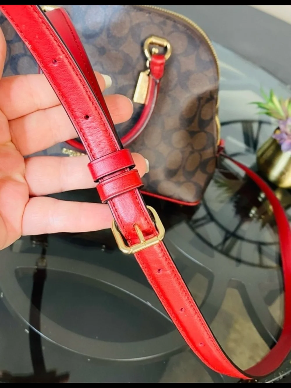 Coach Brown Signature Dome Satchel with Red Trim